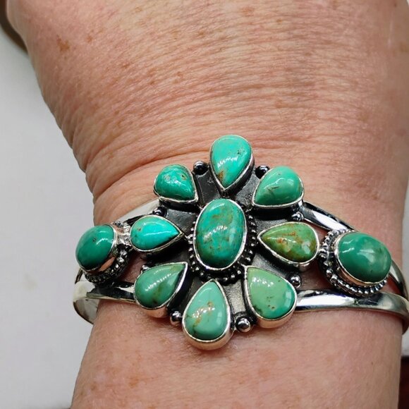 Southwest Sterling Silver Turquoise Medallion Cluster Cuff Bracelet Artisan - Picture 1 of 7